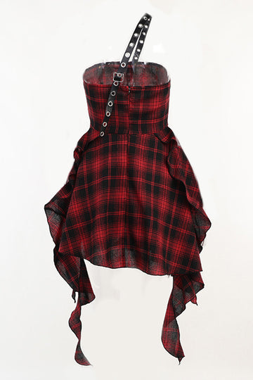 Un Hombro Rojo A Cuadros Asimétrico Vestido Vintage